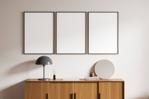 istock Light gallery room interior with drawer and decoration, mockup frames 1409436701