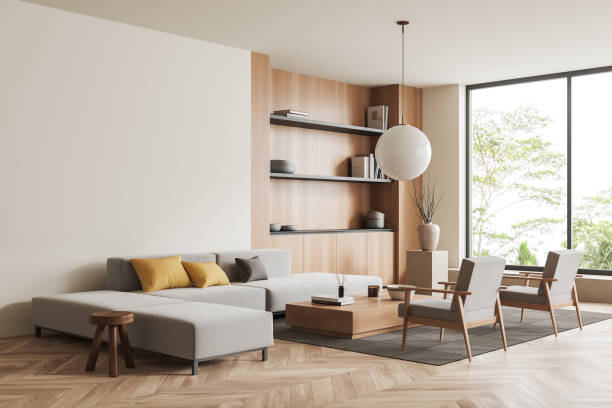 istock Light relax interior with couch, chairs and shelf near panoramic window, mockup 1409436860