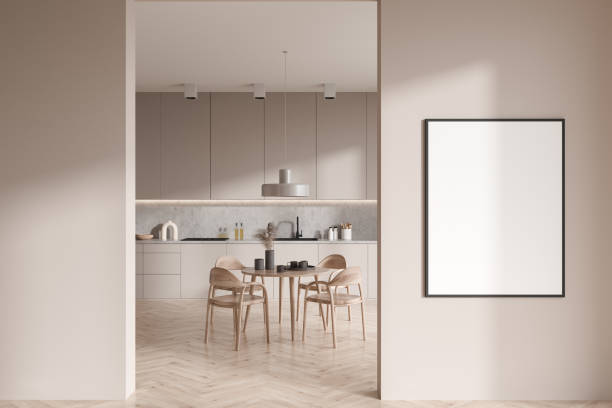 istock Modern kitchen interior with dining table and chairs, appliances. Mockup frame 1409436915
