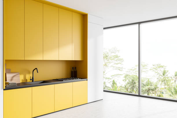 istock Light kitchen interior with shelves and appliances, panoramic window 1409436955