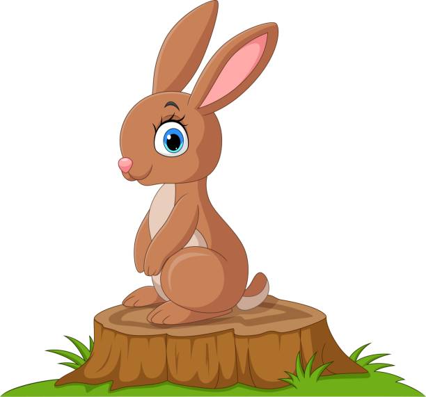 ilustraciones, imágenes clip art, dibujos animados e iconos de stock de lindo conejito de dibujos animados sentado en el tocón del árbol - rabbit baby rabbit hare standing