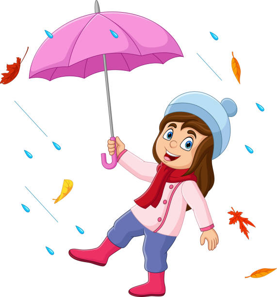 cartoon kleines mädchen hält regenschirm im regen und fallen herbstlaub - rain cute falling water raindrop stock-grafiken, -clipart, -cartoons und -symbole