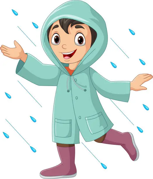 Vector illustration of Cartoon little boy wearing raincoats and boots in the rain