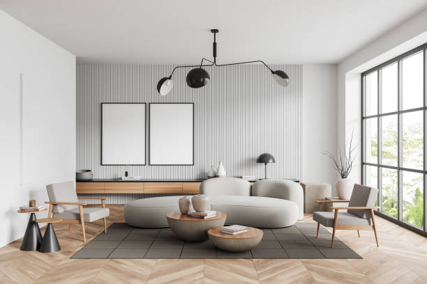 istock Chill room interior with couch and chairs, dresser and window. Mockup frame 1409437542