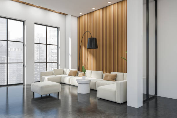 istock Light living room interior with sofa and coffee table, panoramic window 1409437701