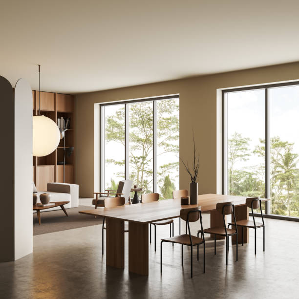istock Modern relax place interior with eating table and couch, panoramic window 1409437853