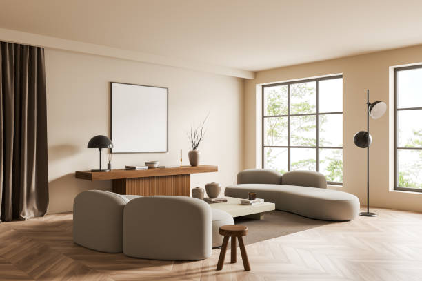 istock Lounge room interior with couch and decoration, panoramic window and mockup frame 1409438632
