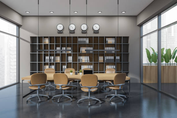 istock Grey office room interior with chairs, table and terrace with panoramic view 1409438696