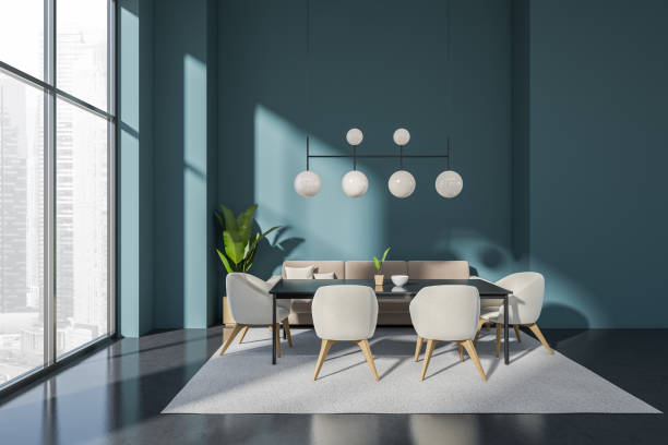 istock Modern living room interior with couch and seats, panoramic window 1409438849