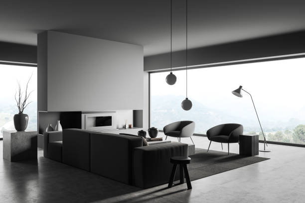 istock Grey relax room interior with seats, fireplace near panoramic window. Mockup 1409438931