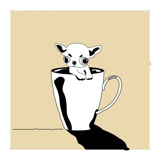Vector illustration of Morning coffee. Funny little puppy in a cup. Black and white hand drawing. Flat vector illustration