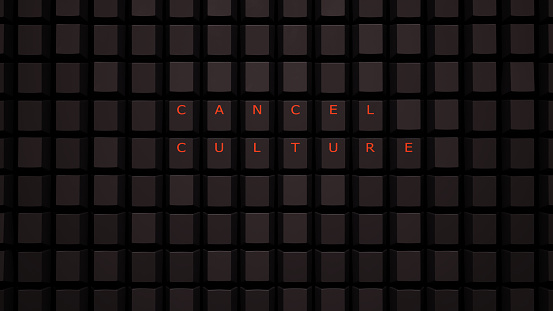 Online Cancel Culture Anonymous Bulling Concept Illuminated Orange Keys on a Black Keyboard Grid Wall Spelling the Words Cancel Culture 3d illustration render