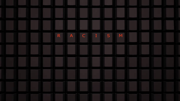 Online Racism Concept Illuminated Orange Keys on a Black Keyboard Grid Wall Spelling the Word Racism