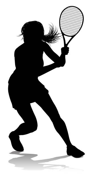 테니스 실루엣 스포츠 선수 여자 - tennis serving silhouette racket stock illustrations