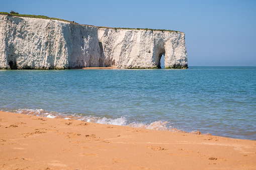 Kingsgate Bay featuring chalk cliff and sea arch in the seaside town of Broadstairs, east Kent, England