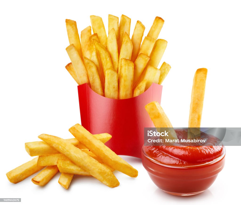 Delicious potato fries with tomato ketchup on white Delicious potato fries with tomato ketchup, isolated on white background Box - Container Stock Photo