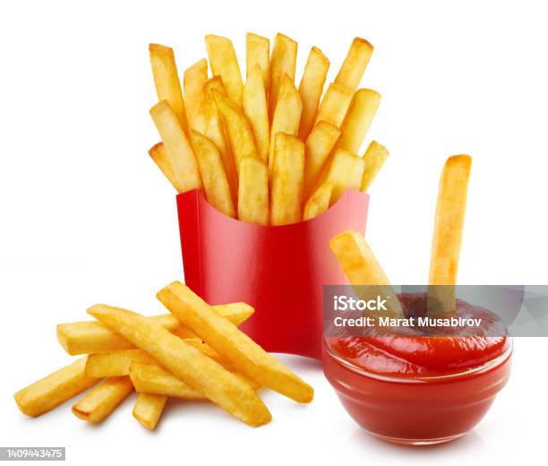 Delicious Potato Fries With Tomato Ketchup On White Stock Photo - Download Image Now