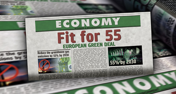 Fit for 55 European Green Deal and reduce the greenhouse gas emissions. Newspaper print. Vintage press abstract concept. Retro 3d rendering illustration.