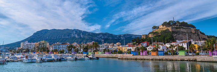 Panoramic view Denia Spain Alicante with colourful houses and mountain and beautiful blue sky