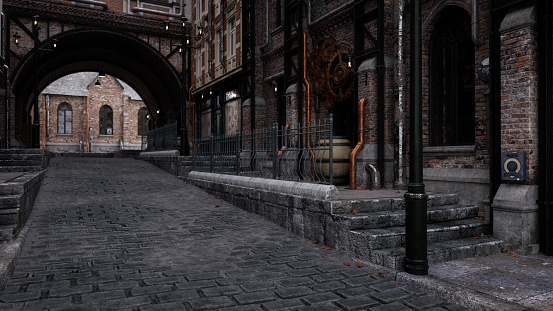 Steampunk concept dark old Victorian city street with cobblestone road lit by gas lamps. 3D rendering.