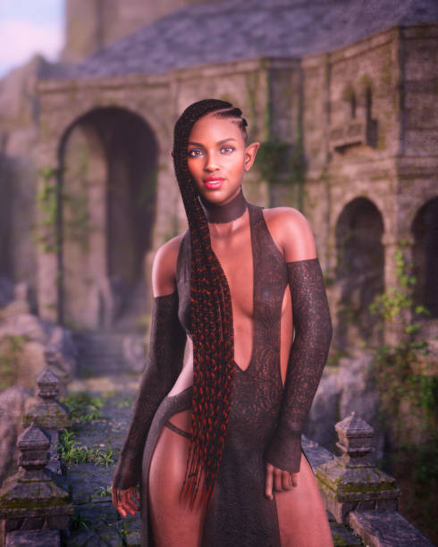 porträt einer jungen schönen fantasy-elfenfrau in sexy spitzenkleid, die vor einem elfenschloss steht. 3d-rendering. - braided women sensuality portrait stock-fotos und bilder