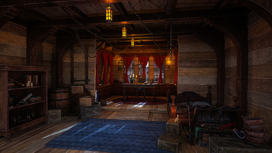 Captain's quarters in old wooden pirate ship with treasure chest on the floor and map on table by window. 3D illustration