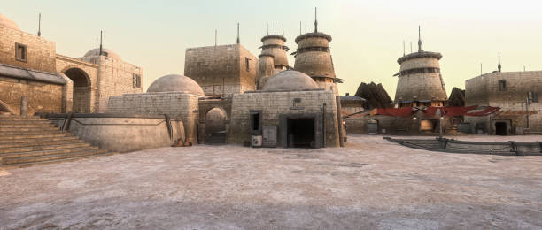 Panoramic 3D illustration of a fantasy sci-fi outpost on a remote alien planet in the outer rim of the galaxy.