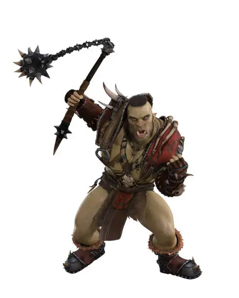 Fantasy orc monster brute warrior swinging a mace weapon in battle. 3D illustration isolated on white background.
