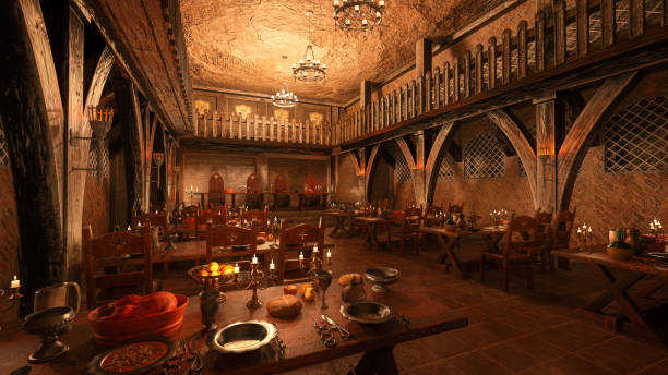 istock Dark moody medieval dining hall with tables laid for a great feast. 3D rendering. 1409445240