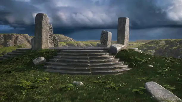 3D illustration of an ancient mystical fantasy stone circle temple in a mountain landscape under stormy sky.