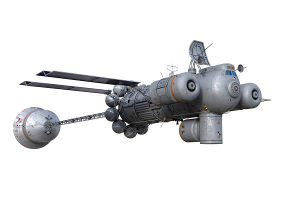 istock Fantasy futuristic star ship viewed from lower angle. 3D rendering isolated on white with clipping path. 1409445474