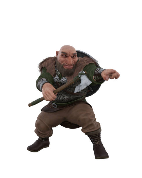Fantasy warrior dwarf wearing armour with shield on his back, holding a battle axe and pointing at something. 3D illustration isolated on on white background.