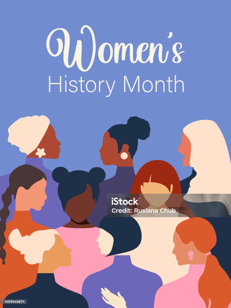Mês da História da Mulher. Mulheres de diferentes idades, nacionalidades e religiões se unem. Pôster vertical azul. Vetor. - Vetor de Mulheres royalty-free Mês da História da Mulher. Mulheres de diferentes idades, nacionalidades e religiões se unem. Pôster vertical azul. Vetor. - Vetor de Mulheres royalty-free