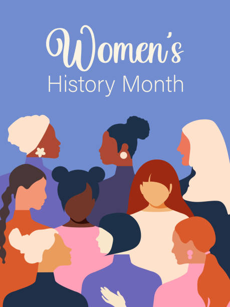 Women's History Month. Women of different ages, nationalities and religions come together. Blue vertical poster. Vector. Women's History Month. Women of different ages, nationalities and religions come together. Blue vertical poster. Vector. history stock illustrations