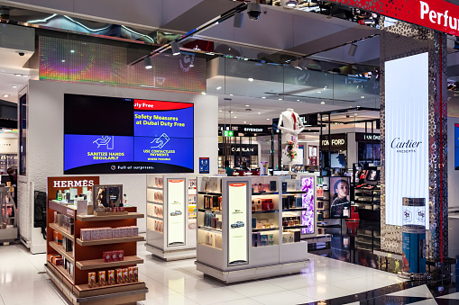 Dubai, UAE, march 2022: Duty free store cosmetics company for duty-free operations at International Airport. Retail perfume area section is one of fastest growing major hubs. Copy space