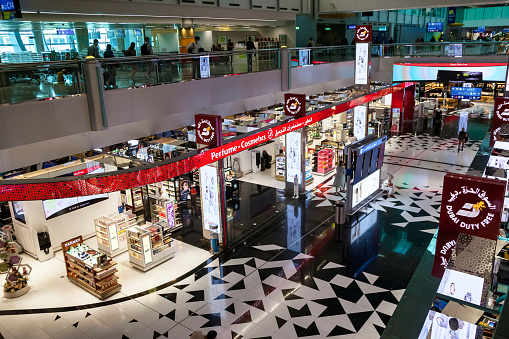 Dubai, UAE, march 2022: Duty free store cosmetics company for duty-free operations at International Airport. Retail perfume area section is one of fastest growing major hubs. Copy space