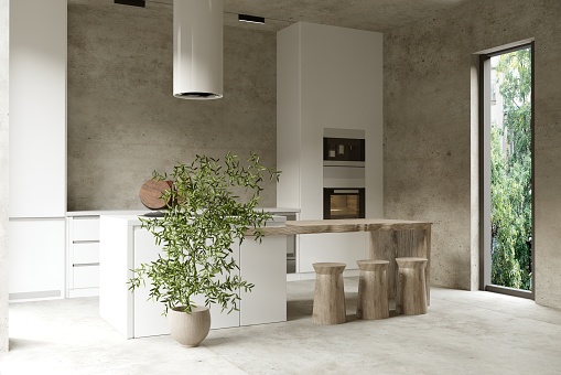Kitchen interior with wooden bar counter and concrete wall and floor. 3d render image.