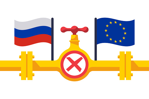 Russia and EU. Gas pipe with flag European union and Russia. Sanctions embargo. Stop gas pipeline fuel. Vector illustration flat design. Isolated on white background.