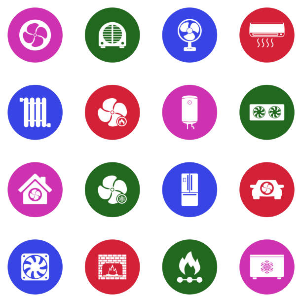 illustrations, cliparts, dessins animés et icônes de icônes de chauffage et de refroidissement. design plat blanc en cercle. illustration vectorielle. - grille à pâtisserie