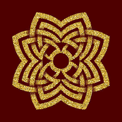 Golden glittering symbol in Celtic knots style on dark red background. Tribal symbol in octagon flower maze form. Gold ornament for jewelry design.