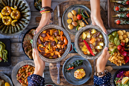 Cooked foods in the copper plate or pot.