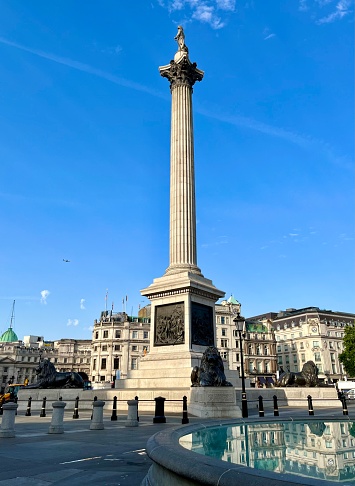 The iconic Nelson’s Column on Trafalgar Square, London, daytime view with people