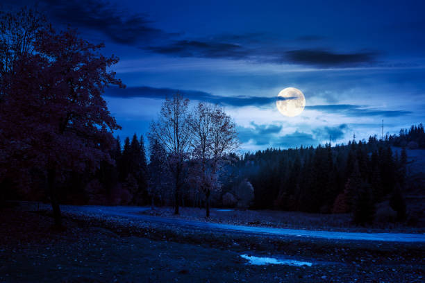 autumn countryside scenery in mountains at night stock photo
