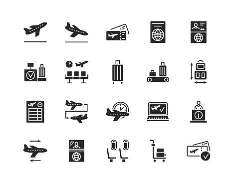 Airport icon flat glyph set. Vector illustration included online booking, tickets, check in, customs and connecting flight. Black silhouette.