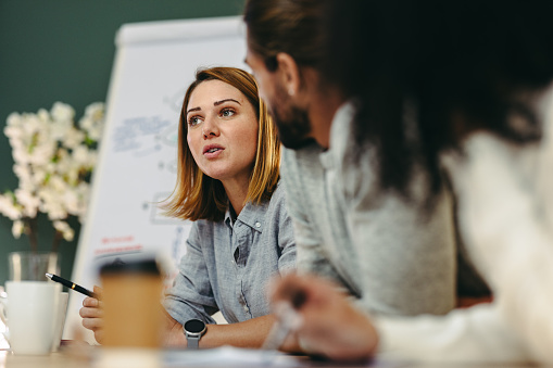 Young businesswoman having a discussion with her colleagues in a boardroom. Creative young businesswoman sharing her ideas during a meeting in a modern office.