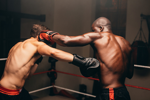 Two multiracial boxers throwing punches during a fight in a boxing ring. Two athletic young men having a boxing match in a fitness gym.