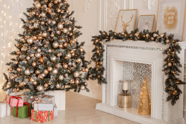 istock Beautiful New Year's interior, Christmas tree, fireplace, gifts 1409452156