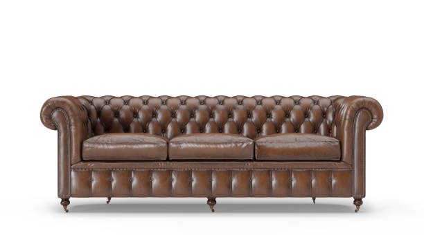 istock Brown leather sofa isolated on white background. Front view. Vintage furniture. Beautiful leather couch, classic style, with shadows. 3D rendering. 1409453329