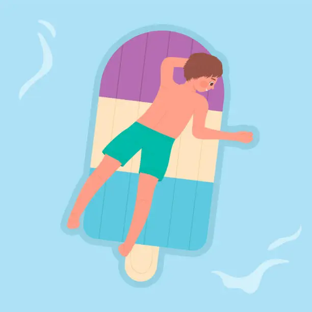 Vector illustration of Floating boy on swimming ice cream mattress
