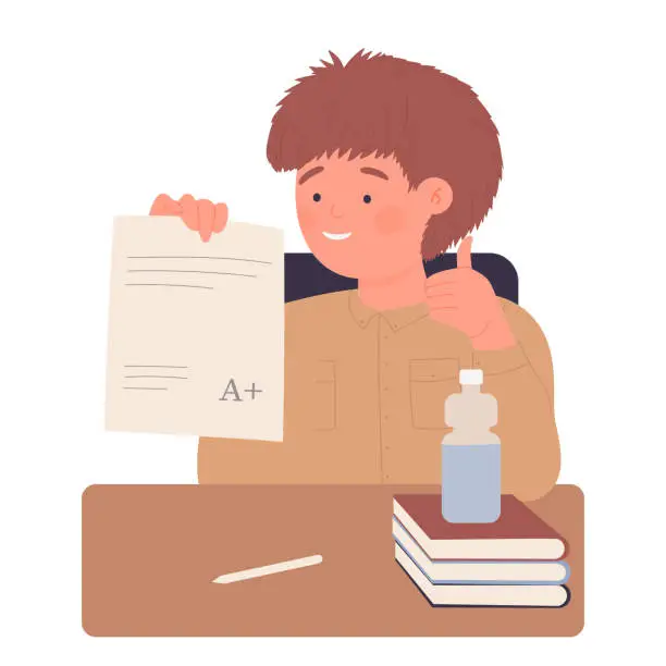 Vector illustration of Boy pupil with good exam result